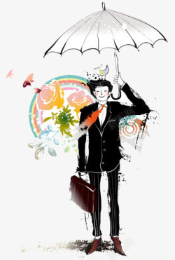 手绘男生拿伞遮雨素材