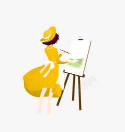褐色裙子褐色手绘画画的少女插画高清图片