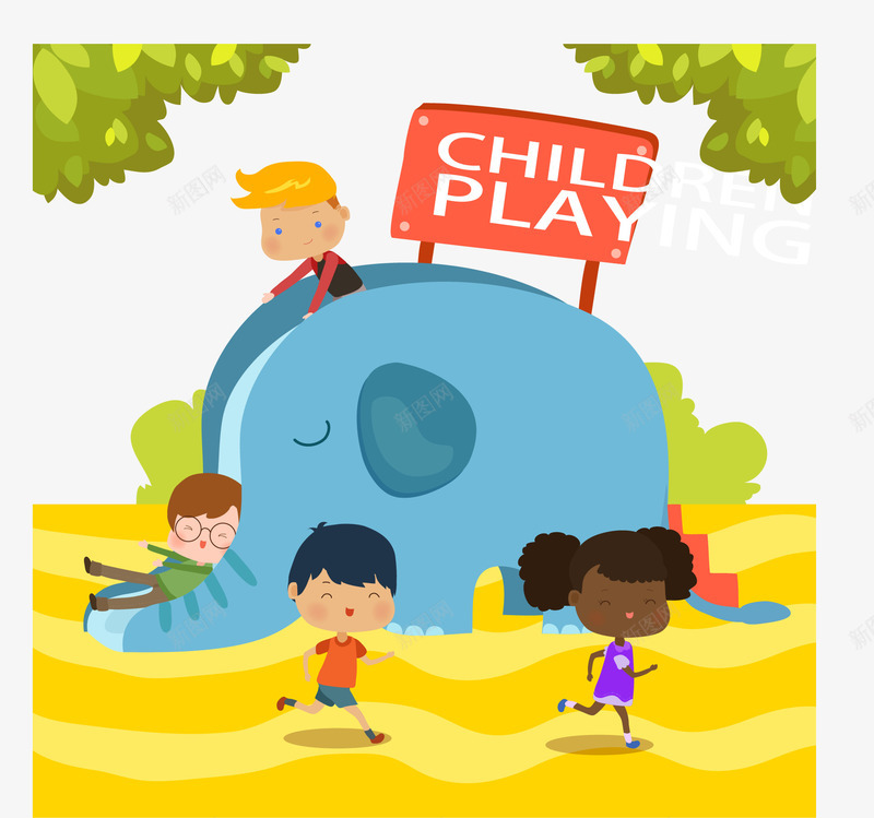 创意玩滑梯的4个儿童png免抠素材_新图网 https://ixintu.com 儿童 女孩 娱乐 树木 沙地 滑梯 玩耍 男孩