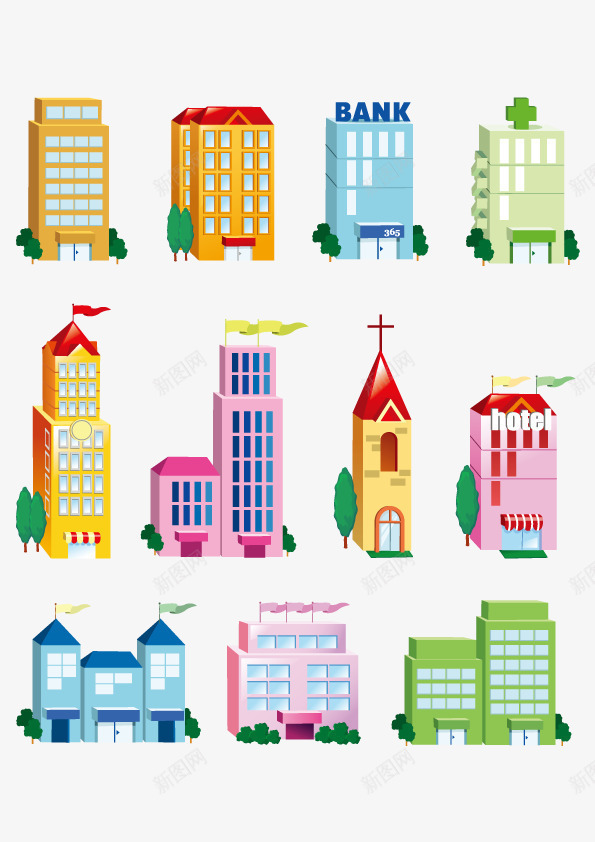 建筑图标集png_新图网 https://ixintu.com 学校 建筑 教堂 银行