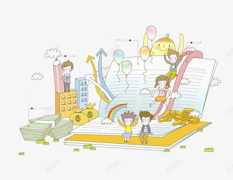 学校学生png免抠素材_新图网 https://ixintu.com 卡通人物 卡通手绘 彩虹 气球 水彩画 肖像画 装饰图案