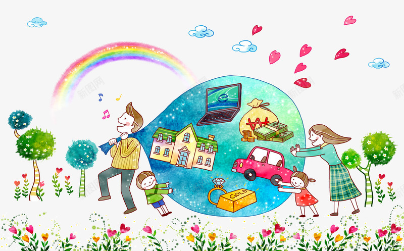 卡通享受生活png免抠素材_新图网 https://ixintu.com 卡通 孩子 家人 尽情享受 彩虹 手绘 汽车