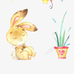 熟睡的兔子卡通手绘兔子和盆栽高清图片