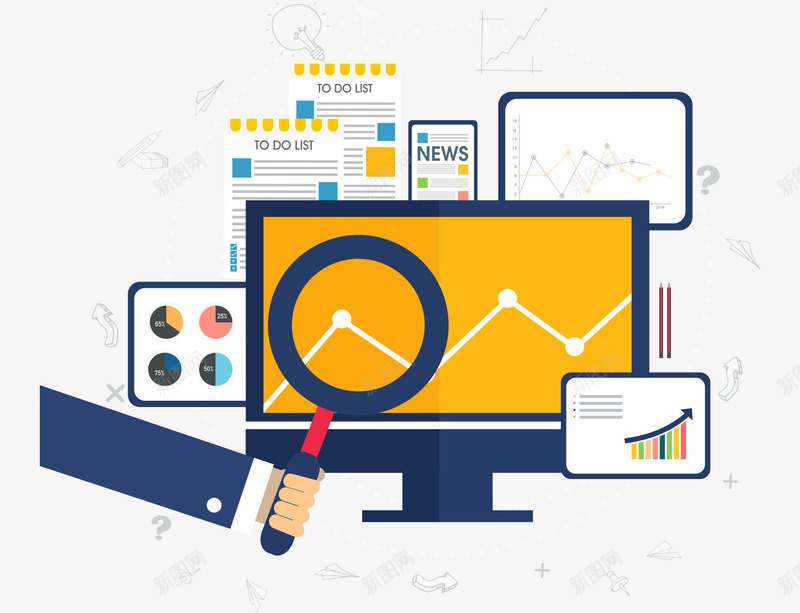 行业大数据揭秘矢量图eps免抠素材_新图网 https://ixintu.com 商业插画 商业矢量 商业背景 大数据 揭秘 揭秘真相 放大镜 矢量图