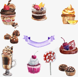零食糖果盘水彩手绘蛋糕糕点甜品高清图片
