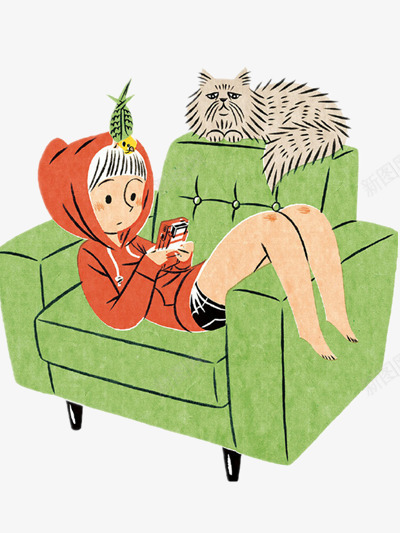 卡通插画png免抠素材_新图网 https://ixintu.com 沙发 猫咪 玩手机 躺着玩手机 躺着赚钱