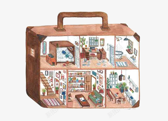 手提箱房子png免抠素材_新图网 https://ixintu.com 创意 卡通 家居 房间 手提箱 手绘 插画 童话