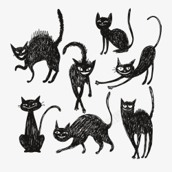 黑色猫线稿合集矢量图素材