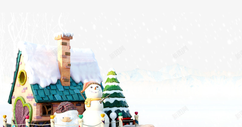 屋顶的雪花psd免抠素材_新图网 https://ixintu.com 冬天 冬季 卡通房子 白色背景素材 雪人 雪花