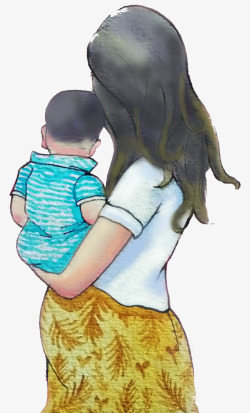 爸爸抱着孩子的背影手绘人物插图母亲节妈妈抱着小男高清图片