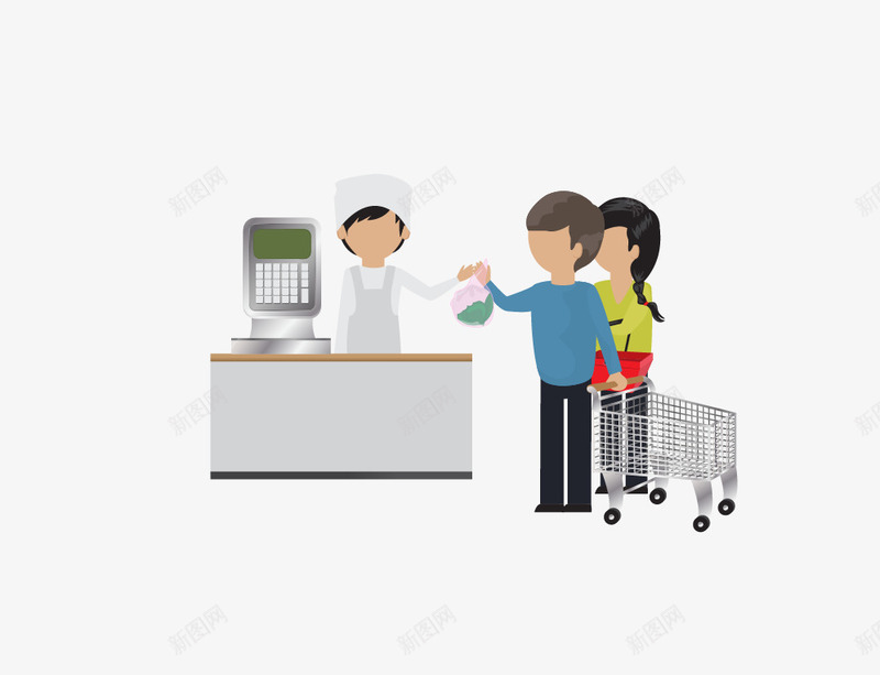 超市结算人员png免抠素材_新图网 https://ixintu.com 卡通 插画 矢量素材 结算人物 购物 购物车 超市