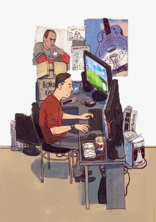 办公桌插画png免抠素材_新图网 https://ixintu.com IT从业者插画 办公室手绘 手绘玩电脑的人物 电脑办公