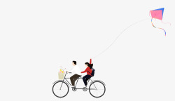 骑车的情侣春天郊游放风筝手绘骑车的情侣高清图片