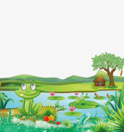 池塘草地卡通春季池塘踏青插画高清图片