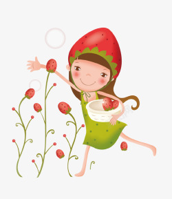 采摘的草莓手绘采草莓的少女插画高清图片