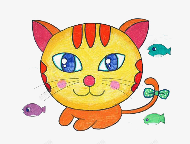 卡通手绘猫咪和小鱼png免抠素材_新图网 https://ixintu.com 卡通 可爱 小孩子画画 小鱼 彩色 手绘 猫咪