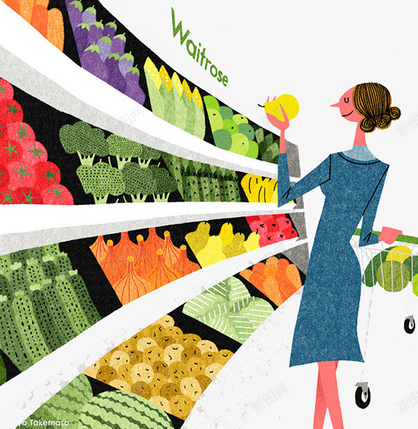 超市买菜的女人图psd免抠素材_新图网 https://ixintu.com 创意设计 卡片封面 手绘插画