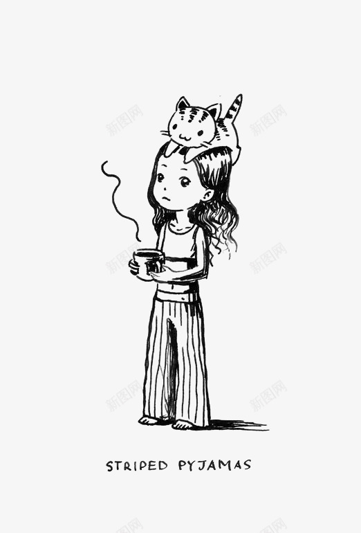 卡通女孩png免抠素材_新图网 https://ixintu.com 女孩插画 手绘女孩 热咖啡 猫咪 素描