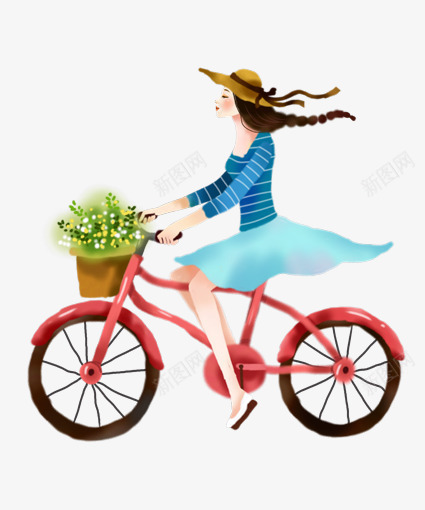 骑自行车的女孩png免抠素材_新图网 https://ixintu.com 唯美 手绘女孩 插画 粉色自行车 花篮 蓝裙子少女