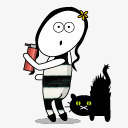卡通小女孩黑色小猫素材