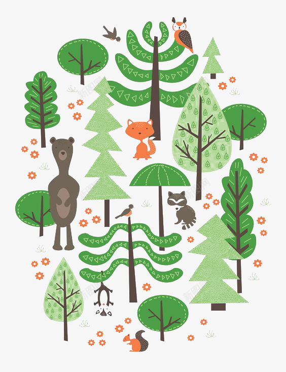 卡通森林png免抠素材_新图网 https://ixintu.com 创意 动物 卡通 手绘 插画 树林 植物 狐狸 童话