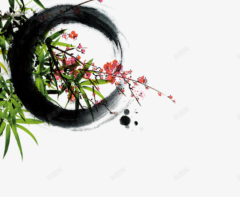 水墨画元素psd免抠素材_新图网 https://ixintu.com 墨迹 梅花 海报装饰 竹子