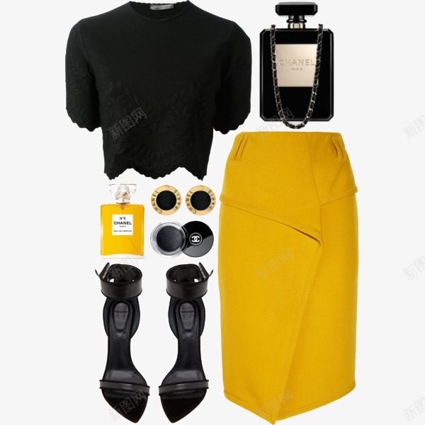 黑色上衣和黄色半身裙png免抠素材_新图网 https://ixintu.com 服装搭配 黄色半身裙 黑色上衣