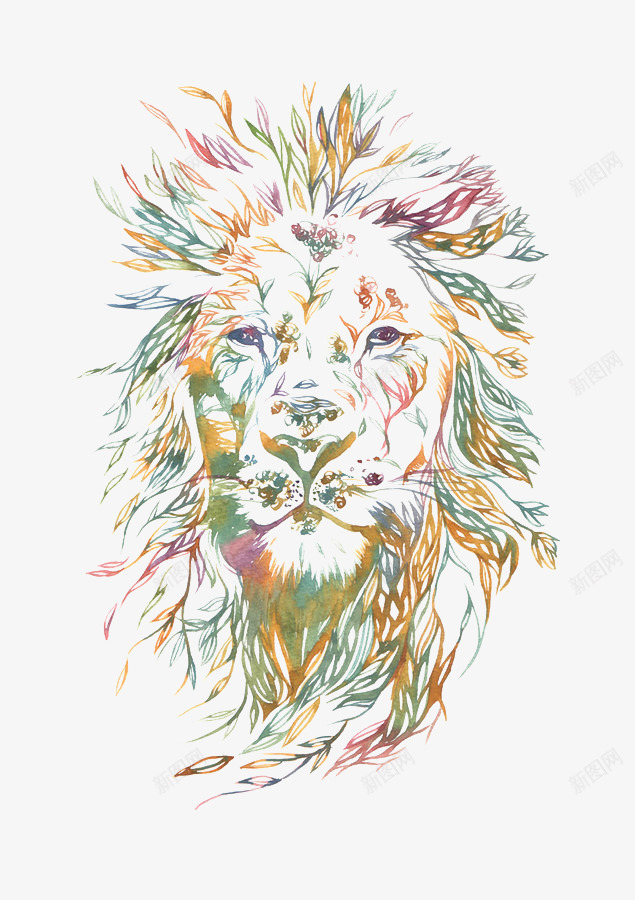 狮子图形png免抠素材_新图网 https://ixintu.com 动物 手绘 拼图 插画 树叶 水粉画 狮子