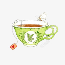 茶杯手绘绿色茶杯高清图片