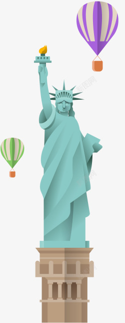 在热气球上旅行手绘自由女神像插画高清图片