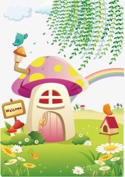 卡通彩虹蘑菇林蘑菇屋高清图片