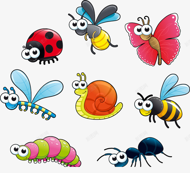 八只不同颜色的卡通昆虫png免抠素材_新图网 https://ixintu.com 卡通 可爱 昆虫 颜色