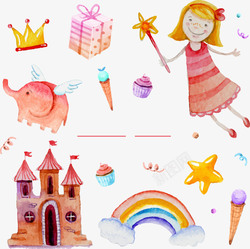 彩虹城堡彩绘飞天小猪与女孩高清图片