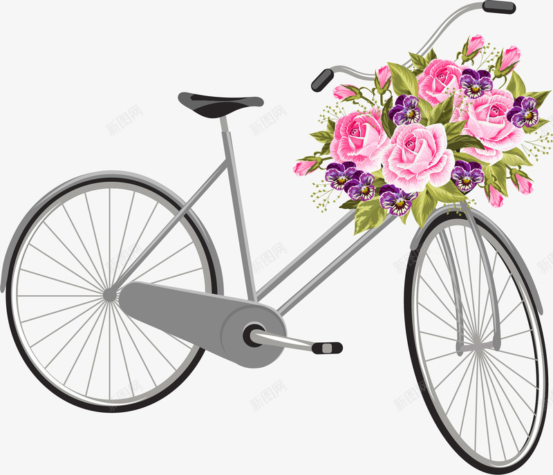 灰色女士自行车png免抠素材_新图网 https://ixintu.com 春游 矢量素材 粉色玫瑰 自行车 骑行