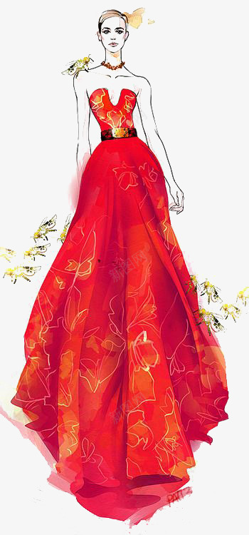 时尚红裙png免抠素材_新图网 https://ixintu.com 卡通 女裙 手绘 插画 模特 礼服 红色 裙子