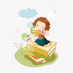 跪坐在书堆上面的女生儿童世界房屋卡通卡通人物高清图片