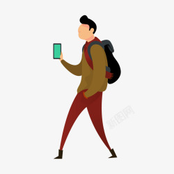 人物形象设计夸张风格玩手机走路男子人物插画高清图片