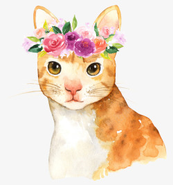 手绘戴鲜花的猫装饰素材