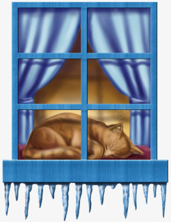 卡通蓝色窗户睡觉小猫素材