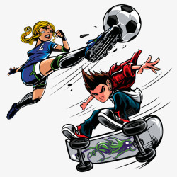 矢量美式足球英勇的足球少女与滑板男孩高清图片