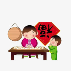 古代小孩拿福字贴等着妈妈包饺子吃的小孩高清图片