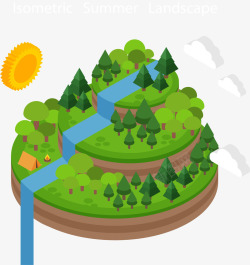 水彩立体背景绿色卡通悬浮岛25D立体插画矢量图高清图片