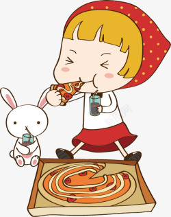 原创小兔子吃披萨的小女孩高清图片