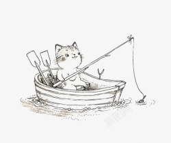 划船嬉戏钓鱼的小猫高清图片