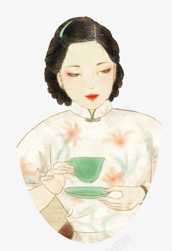 喝茶免费下载手绘水彩人物插画民国复古风女人高清图片