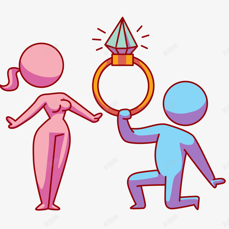 男士向女士求婚卡通插画图标png_新图网 https://ixintu.com 图标插画 情人节 情侣 求婚 男士向女士求婚卡通 粉色 蓝色 表白 钻戒
