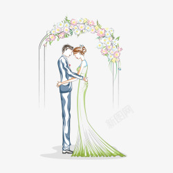 穿婚纱的人物卡通手绘新人情侣插画高清图片