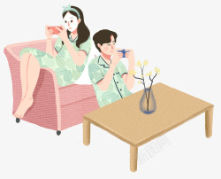 春秋季情侣睡衣手绘人物插画居家玩游戏的情侣高清图片