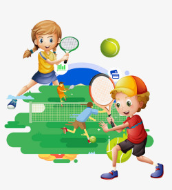网球球拍卡通手绘网球运动场插画高清图片