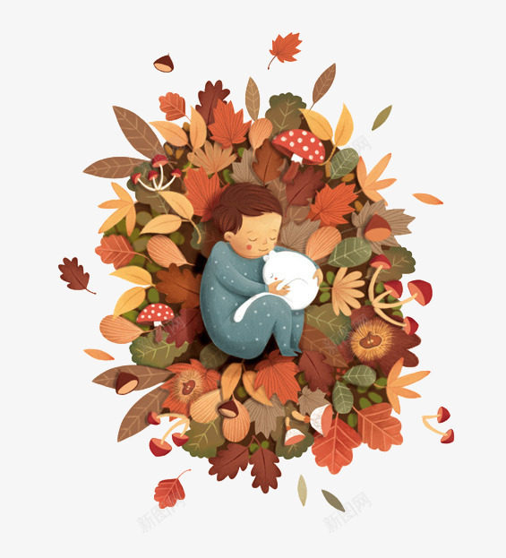 手绘棕色秋季树叶孩子png免抠素材_新图网 https://ixintu.com 手绘 树叶 棕色 秋季 躺在树叶上的孩子